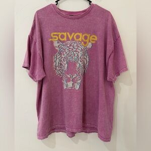 Savage Tiger Head Graphic Acid Wash Pink Oversized Tee